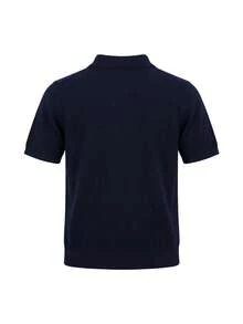Elegant Women's Spring/Summer Fashion Casual Diamond Pattern Turndown Collar Button Front Knit Short Sleeve Pullover Sweater Top - Navy Blue - View 8