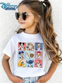 Disney Baseball T-Shirts Featuring Mickey Mouse, Stitch, And Other Characters Transforming Into Baseball Players Print Pattern Summer Tops,Short-Sleeved Casual And Cute Style  Children's Clothing Design, Girl Clothes For Kids ,Ropa Para Niños,Girl Clothes For Kids,Graphic Tee, Summer Clothes,Perfect For Cool Girls. Comfortable And Breathable Children's Short-Sleeved T-Shirt. Comfortable And Casual Wear All Year Round Children's Clothes,Comfortable & Lightweight, Iconic Print For Mix-And-Match Outfits,Suitable For Both Boys And Girls. - White - View 1