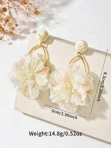 1 Pair Mori Style Sweet Fresh Floral Raffia Fabric Flower Tassel Earrings, Suitable For Women's Vacation And Daily Wear - White - View 4