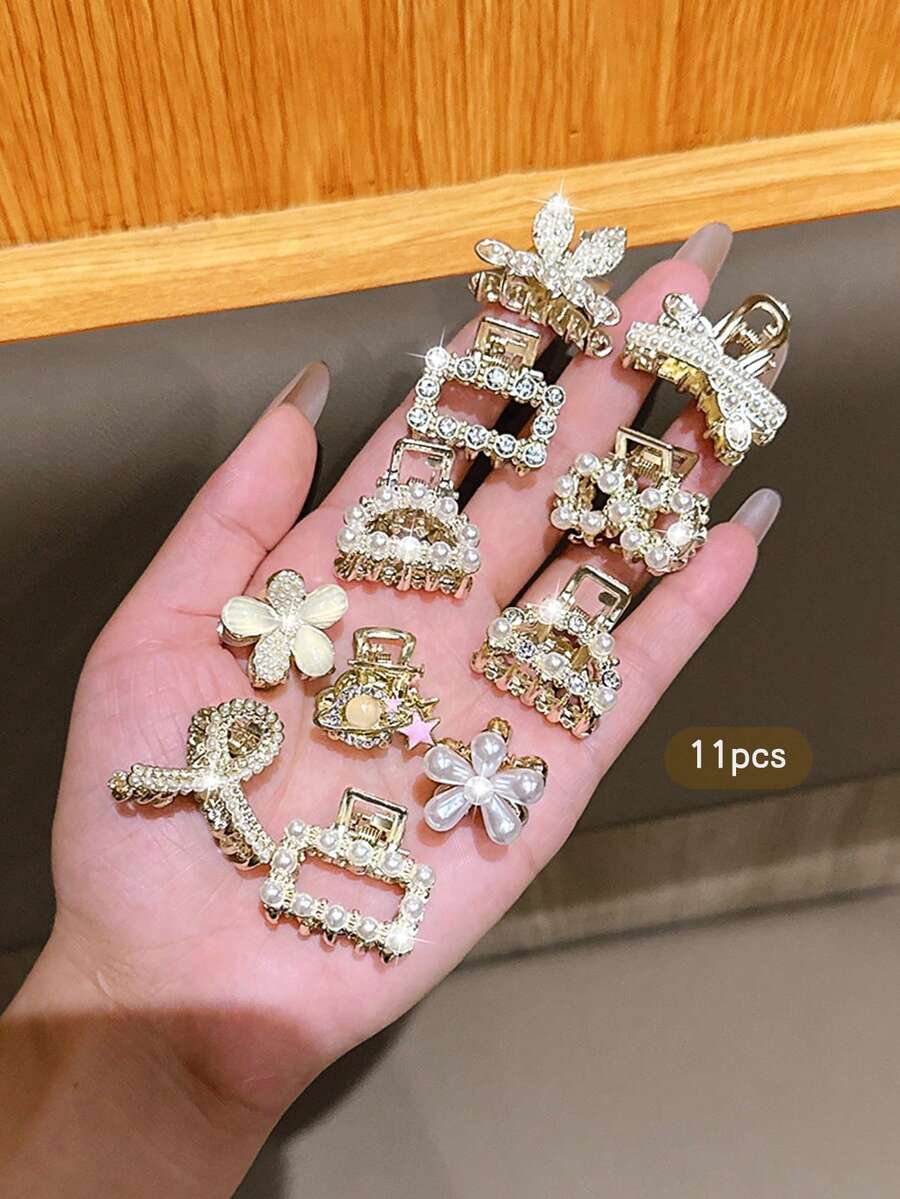 11pcs Rhinestone Hair Clips, Korean Fashion Hair Accessories Suitable For Daily Use - Multicolor - View 1
