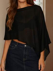 Women Knit Poncho Loose Solid Boat Neck Asymmetrical Coverup Tops Casual Shrug Sweaters - 黑色 - 查看 2
