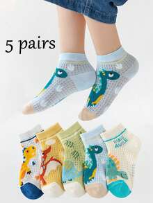 5 Pairs Kids Thin Ankle Socks, Cartoon Dinosaur Pattern, Breathable Baby Mesh Socks For Summer, Boys - Multicolor - View 1