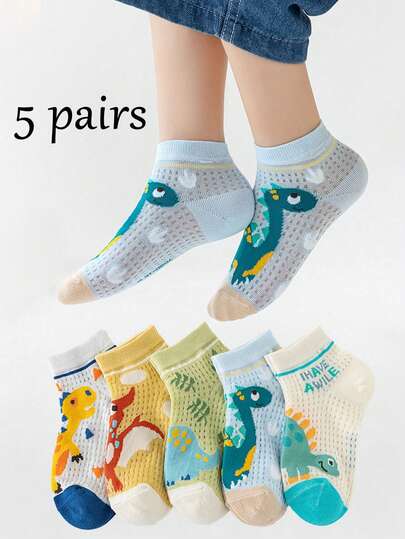 5 pares de calcetines finos para tobillos de niños, con estampado de dinosaurios de dibujos animados, calcetines de malla transpirables para bebés en verano, para niños