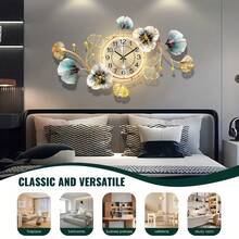 Golden Modern 3D Ginkgo Leaf Decoration Wall Clocks, 37x20 Inche Large Wall Clocks, Silent Creative Decorative Clock, Creative Metal Flower Wall Clock, For Living Room Bedroom Kitchen - 1PC - 查看 3