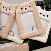 New Cute Bear Head Transparent Card Holder Plush Keychain Campus Card Idol Photo Card Bag ID Photo Storage Protective Case - 米色小熊卡 - 查看 5