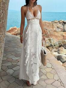 LilyHouse 女士吊带连衣裙，夏季法式浪漫海滩风，白色花卉贝壳边饰 V 领连衣裙，荷叶边下摆开衩设计，修身沙滩裙，适合度假、拍照、约会和日常搭配，优雅时尚。 - 白色 - 查看 8