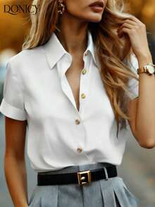 DONICY Ljusblå kortärmad damskjorta, satinstruktur, guldfärgad knappkrage, mångsidig för kontor och fritidskläder - Vitt - Visa 5