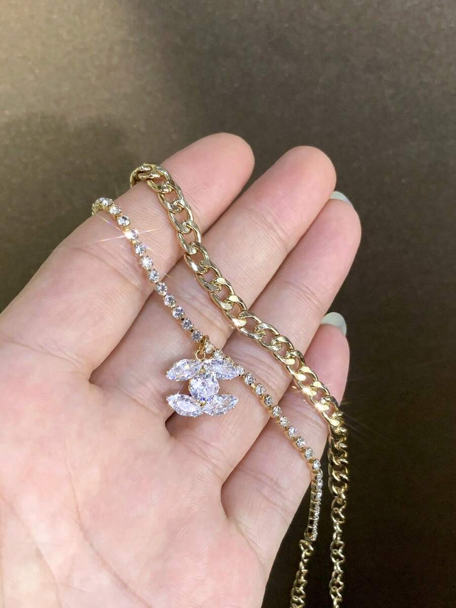 2pcs Fashionable & Elegant Rhinestone Chain Bracelet With Cubic Zirconia Pendant, Suitable For Women's Daily Wear, Holiday Gift (LADYCOCO New Arrival)