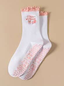 4双装女士防滑瑜伽舞蹈袜，可爱荷叶边刺绣中筒袜 - 白色 - 查看 7