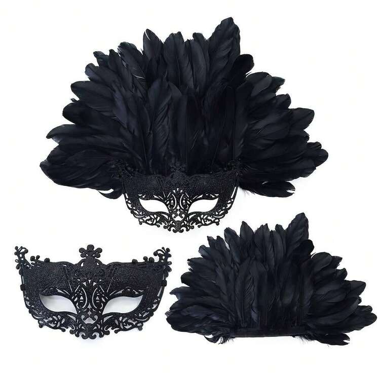 一套黑色粉末面具，女士羽毛舞会面具，可调节佩戴，半脸面具，适用于派对、狂欢节、角色扮演、化装舞会、圣诞节、万圣节（包含人造羽毛） - 查看 4
