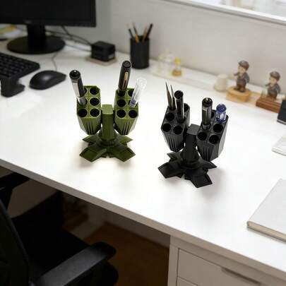 1 hộp đựng bút in 3D sáng tạo, ngộ nghĩnh, dùng để sắp xếp văn phòng phẩm trên bàn làm việc, giá đựng đồ dùng văn phòng tại nhà/văn phòng, cốc đựng bút hình súng phòng không độc đáo, chứa được 12 bút và đồ dùng văn phòng, trang trí bàn làm việc.