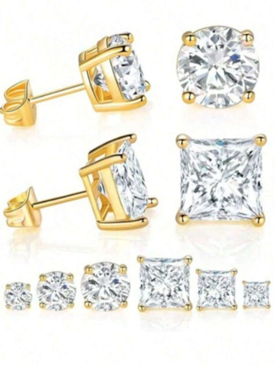 3对镀金/镀玫瑰金方形和圆形立方氧化锆耳环，优雅百搭时尚耳环，适合日常佩戴、送礼、派对、生日、情侣装等场合。 - 彩色 - 查看 1