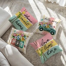 4件套印花枕套，春季主题花卉图案，卡车和花卉设计，家居装饰枕套，现代时尚装饰靠垫套，适用于沙发、客厅、长沙发、户外，单面装饰枕套，不含枕芯 - 彩色 - 查看 5