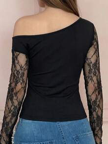 Damen elegantes schwarzes Spitzen-Rundhals-Figurbetontes T-Shirt, Herbst/Winter - Schwarz - Übersicht 6