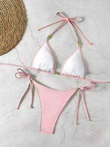 Bộ đồ bơi hai mảnh Lucky Girl Summer màu đen đính hạt cườm, kiểu dáng mới, thích hợp cho kỳ nghỉ biển. - màu hồng nhạt - Xem 4