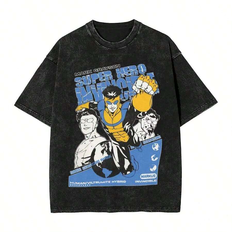Invincible Erhero Omni Man Washed T Shirts Streetwear Hip Hop Vintage T-Shirts Tees Tops For Men Women Harajuku Printedsummer Outfits For Womengraphic Tees - 黑色 7 - 查看 1