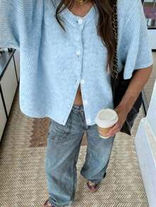 Women's Minimalist Elegant Academic Commute Modern Solid Color Button-Up Cardigan, Spring/Summer White - Milk Blue - View 2