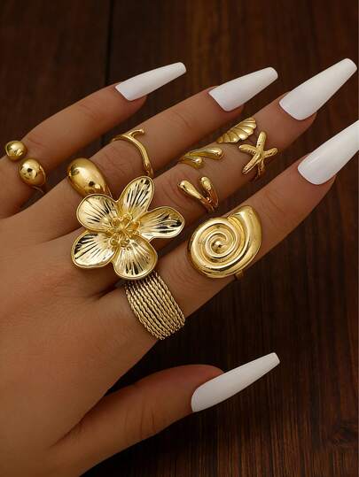 8Pcs/Set Creative Flower Conch Shell Rings Women Punk Gold Color Knuckle Joint Ring Summer Beach Jewelry Accessories ﻿
