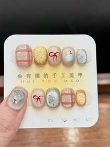 10pcs/Set Press On Nail Tips, Rock Sugar Pear, Flashing, Glass Beads, Cat's Eye, Hand Painted, Checkered, Cute, Handcrafted Wearable Nails - Multicolor - View 1