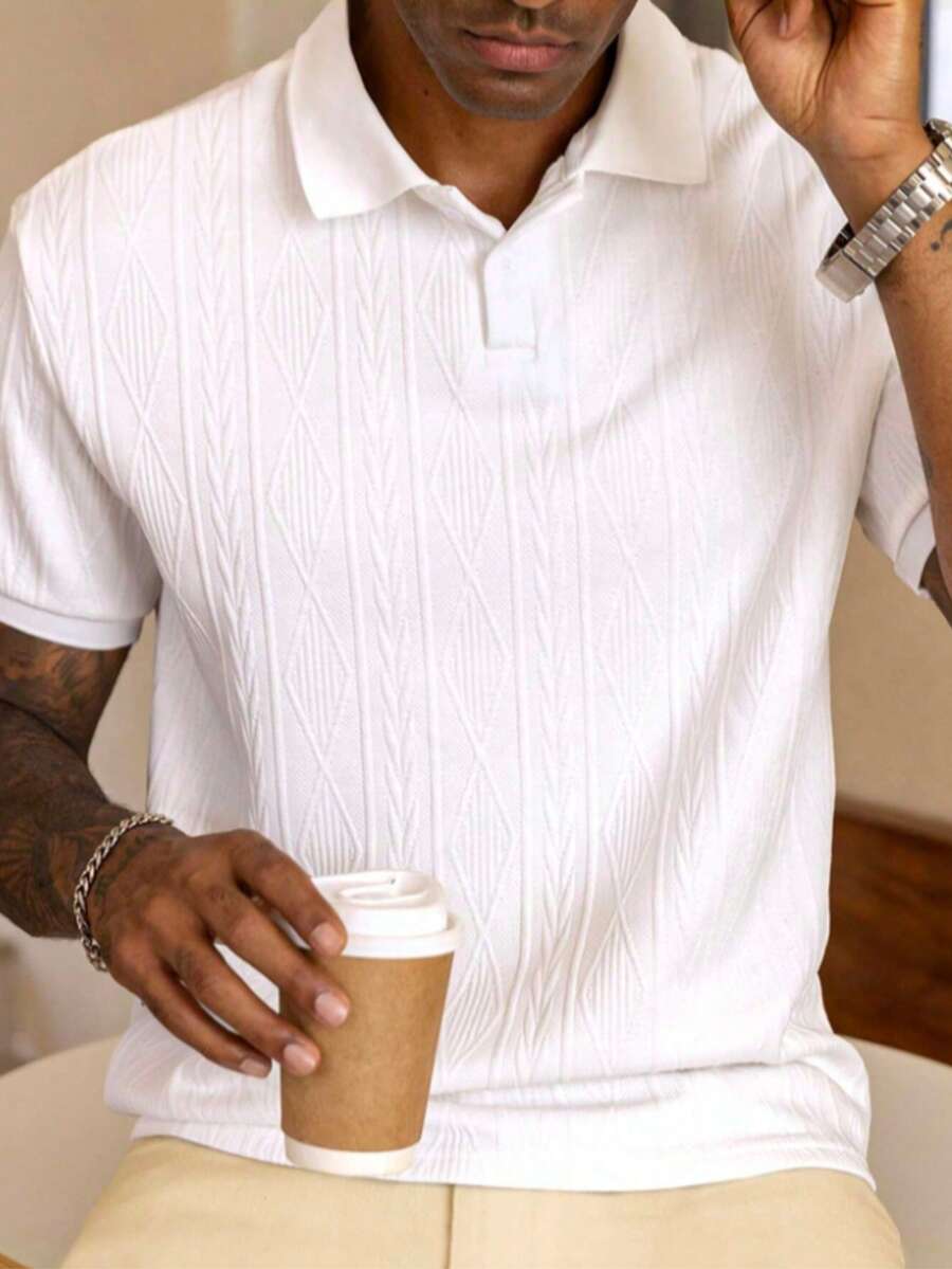 Men's Short-Sleeved Polo Shirt With Collar, Solid Color And Basic Texture, For Husbands, For Going Out, Old Money Style - 白色 - 查看 1