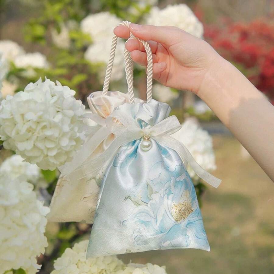 牡丹花造型高级婚礼甜点盒，配珍珠和缎带糖果礼品袋，奢华花卉袋 - 彩色 - 查看 1