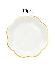 10pcs/20pcs/30pcs White With Gold Rim Wavy Paper Plates - 7 Inch/9 Inch Disposable Plates For Wedding, Bridal Shower, Birthday And Elegant Party Tableware, Unisex - White Background With Gold Trim - View 9