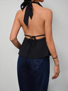 Sexy Fashionable Deep V-Neck Spaghetti Strap Tie Design Backless Camisole, New Arrival Spring/Summer Casual Black - Black - View 3