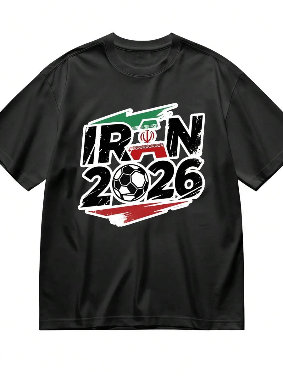 Cotton Short Sleeve T-Shirt Round Neck Casual Wear - Irans 2026 World Cup Football Design With National Flag And Soccer Ball Graphic - Perfect For World Cups Events Fan Support Team Spirit And Sports Match Viewing At Home Or StadiumLeisure - 黑色 - 查看 1