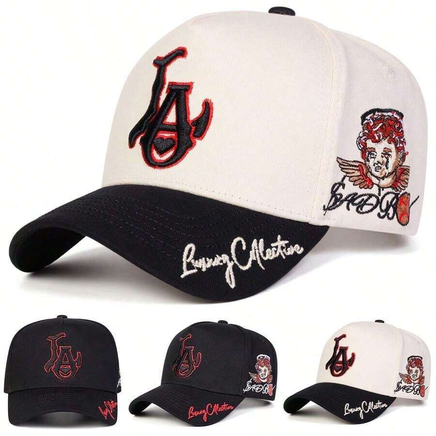 1pc Men's LA Truck Driver Hat, Personality Letter Heart Embroidery Baseball Cap, Streetwear Fashion 5-Panel Hat, Outdoor Sun Protection Casual Cap For Spring, Autumn, Travel, Beach - Gạo đen - Xem 1