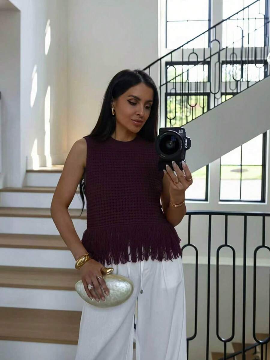 Áo vest dệt kim nữ thời trang, thoải mái, đa năng, thanh lịch, có tua rua ở gấu áo, khoét lỗ, màu trơn, không tay, cổ tròn, phù hợp cho mặc hàng ngày, hẹn hò, du lịch và các buổi tụ họp mùa hè. - Gỗ đỏ - Xem 1