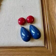 1 Đôi bông tai phong cách Hồng Kông cổ điển tương phản, bông tai hình giọt nước hình học phóng đại, bông tai thời trang độc đáo cho kỳ nghỉ. - Màu xanh lam - Xem 3