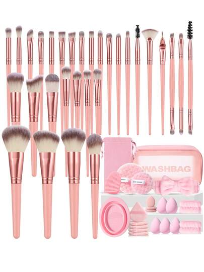 52 PIEZAS Juego de herramientas de maquillaje que incluye: 30 PIEZAS Juego de brochas de maquillaje + 5 PIEZAS Esponjas de maquillaje + 5 PIEZAS Borlas de polvos triangulares + 3 PIEZAS Borlas de polvos de cojín de aire mini + 2 PIEZAS Esponjas de limpieza facial + 2 PIEZAS Herramientas de limpieza de brochas de maquillaje + 2 PIEZAS Correas de tazón de mano + 1 pieza Diadema + 1 pieza Bolsa de almacenamiento + 1 pieza Bolsa de tocador y cosméticos con cremallera multifuncional impermeable