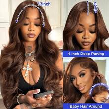 Peruca Lace Front 30 Polegadas 13x4 Upgrade Cabelo Humano Frontal Densidade 200 Bodysuit Wave Renda HD Linha do Cabelo Natural Pré-Arrancada Cor Marrom Natural 5x5 Sem Cola Use e Vá Renda Pré-Cortada Peruca Lace Front Cabelo Virgem Misturado para Mulheres - Castanho - Visão 7