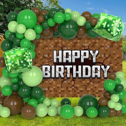 129pcs Pixel-Style Game-Themed Balloon Arch Set, Includes Green, Light Green, And Brown Latex Balloons. Perfect For Birthday Parties, Game Parties, Outdoor Parties, And Other Fun-Filled Game-Themed Celebrations.