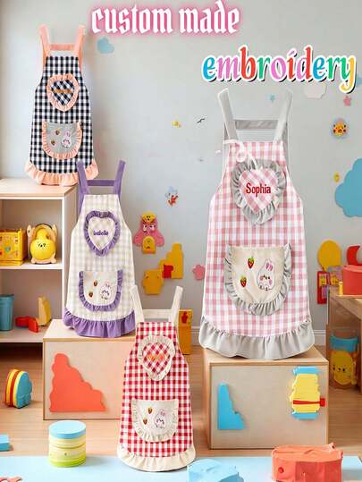 Personalized Name Apron, Cute Plaid Rabbit Design With Ruffle Hem, Waterproof And Oil-Resistant Apron For Kitchen Cooking, Outdoor Camping And BBQ