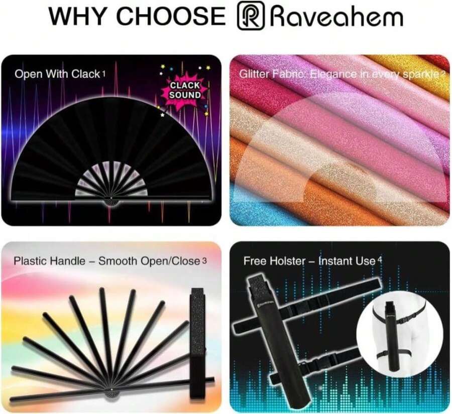 Raveahem 13" Large Folding Rave Fan With Holster, Clack Hand Fans Foldable For Line Dancing For Women Men Festival EDM Party Decoration, Glitter Purple 2 Pack - ColorH - 查看 1