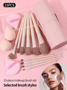 15Pcs Soft Makeup Brushes Set With Sponges, Puffs & Cup For Face & Eye Makeup - Apricot - View 4