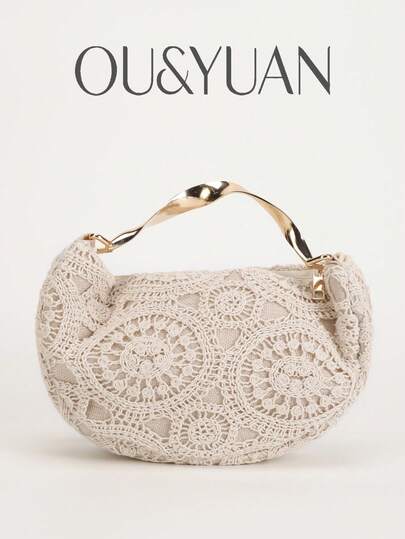 1 chiếc túi xách móc len họa tiết Boho, túi cầm tay đơn giản thời trang, túi đi biển mùa hè.