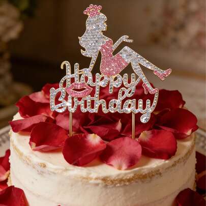 1 ชิ้น ที่ตกแต่งหน้าเค้กวันเกิดประกายระยิบระยับ, ข้อความ "Happy Birthday" ประดับพลอยเทียม, ของตกแต่งรูปเงาเด็กผู้หญิง, ของตกแต่งเค้กปาร์ตี้วันหยุดที่หรูหรา