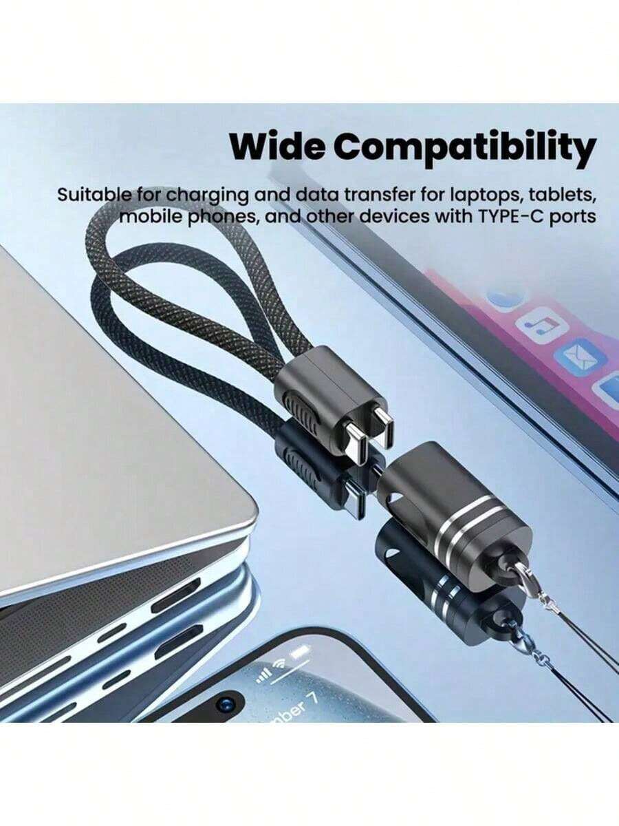 8英寸USB-C转USB-C编织短款应急充电及数据线，锌合金金属外壳，兼容MacBook、17 Pro Max和安卓设备，时尚礼品级设计 - 黑色 - 查看 1