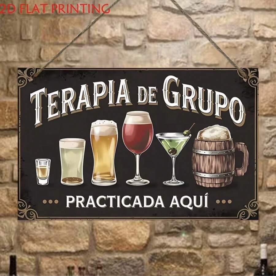 2D Retro "Group Therapy" Wooden Decorative Plaque, Spanish Beer And Wine Theme, Suitable For Bar, Kitchen And Home Decor, Humorous Wall Hanging, Applicable For Shops And Bars, Bar Wall Decor | Spanish Themed Decoration - Multicolor - View 1