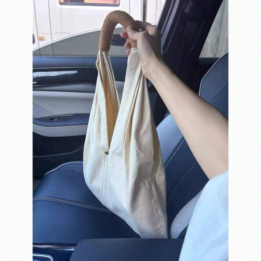 Solid Color Premium Casual Women's Handbag Tote Bag Cloth Bag Women's Bag French Vintage Cotton And Linen Bag Artistic Shoulder Bag Canvas Bag--Travel Essential - white brown - View 1