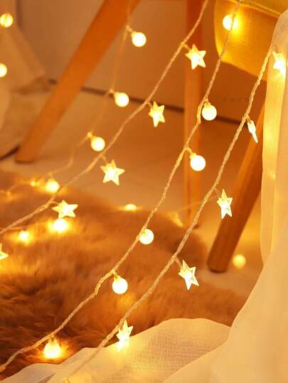1pc 1.5/3/6m Home Decor White Ball&Star LED Light String,Indoor Decoration Light String, Bedroom Decoration, Room Decoration, Wedding And Birthday Party Decoration Light String