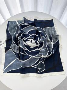 1pc Floral Pattern Printed 70cm Square Bandana Scarf, Versatile Headwrap, Neckerchief For Men - Navy Blue - View 2