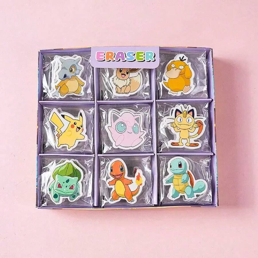 pokemon 9件套橡皮擦套装 - 可爱卡通动漫造型橡皮擦，独立包装，学生文具礼品 - 彩色 - 查看 1