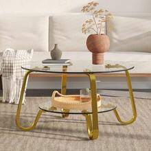 Retro Minimalist Style Metal Frame Double Layer Tempered Glass Coffee Table, Add A Touch Of Elegance To Your Living Room - Gold - View 4