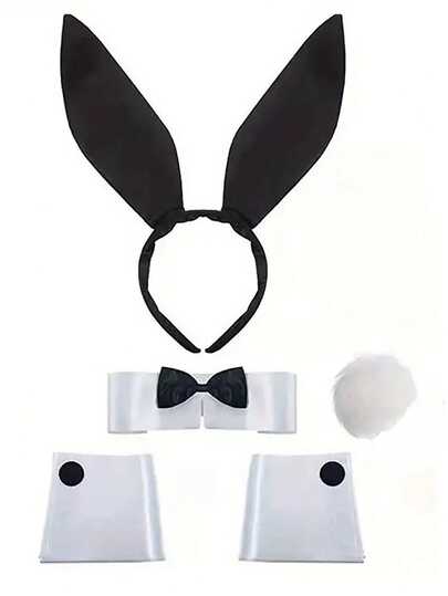 1 pieza/3 piezas/4 piezas Elegante conjunto de tocado de conejo para mujeres, incluye diadema con orejas de conejo, bufanda con moño, puños y cola, [Lindo, Negro], Adecuado para cosplay, accesorios de fiesta de Pascua