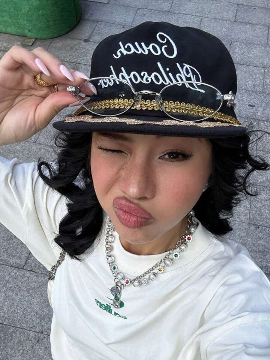 复古金线3D刺绣平顶字母帽，休闲百搭豹纹平沿棒球帽，男女通用，夏季沙滩帽 - 金色刺繡款 - 查看 1