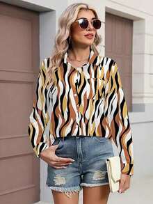 Women's Zebra Print Pocket Front Button Up Shirt, Suitable For Evening Dates Vacation Spring - Red - View 5