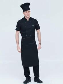 New Double-Breasted Decor Short Sleeve Stand Collar Leather Label Chef Uniform, Unisex - Black - View 5
